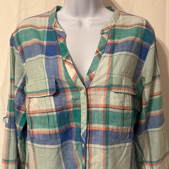Columbia Women’s Size Large Plaid Long Sleeve Button Front Cotton Top Blouse - Picture 2 of 8
